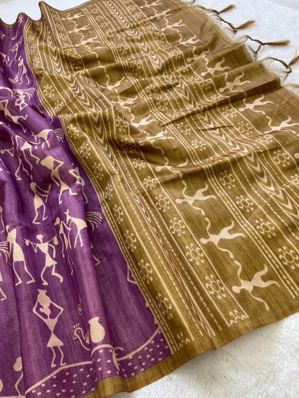 SOFT TUSSAR SILK SAREE WITH BEAUTIFUL PRINT WITH ATTRACTIVE PALLU AND CONTRAST PALLU  WITH TASSAL