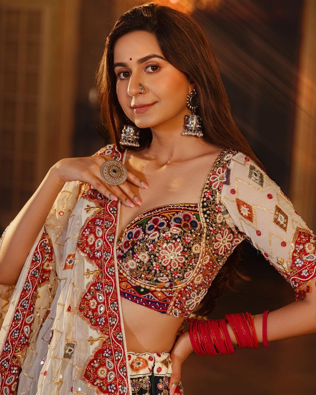 Multy Lehenga Choli With Mirror Work And Attached Pink Dupatta