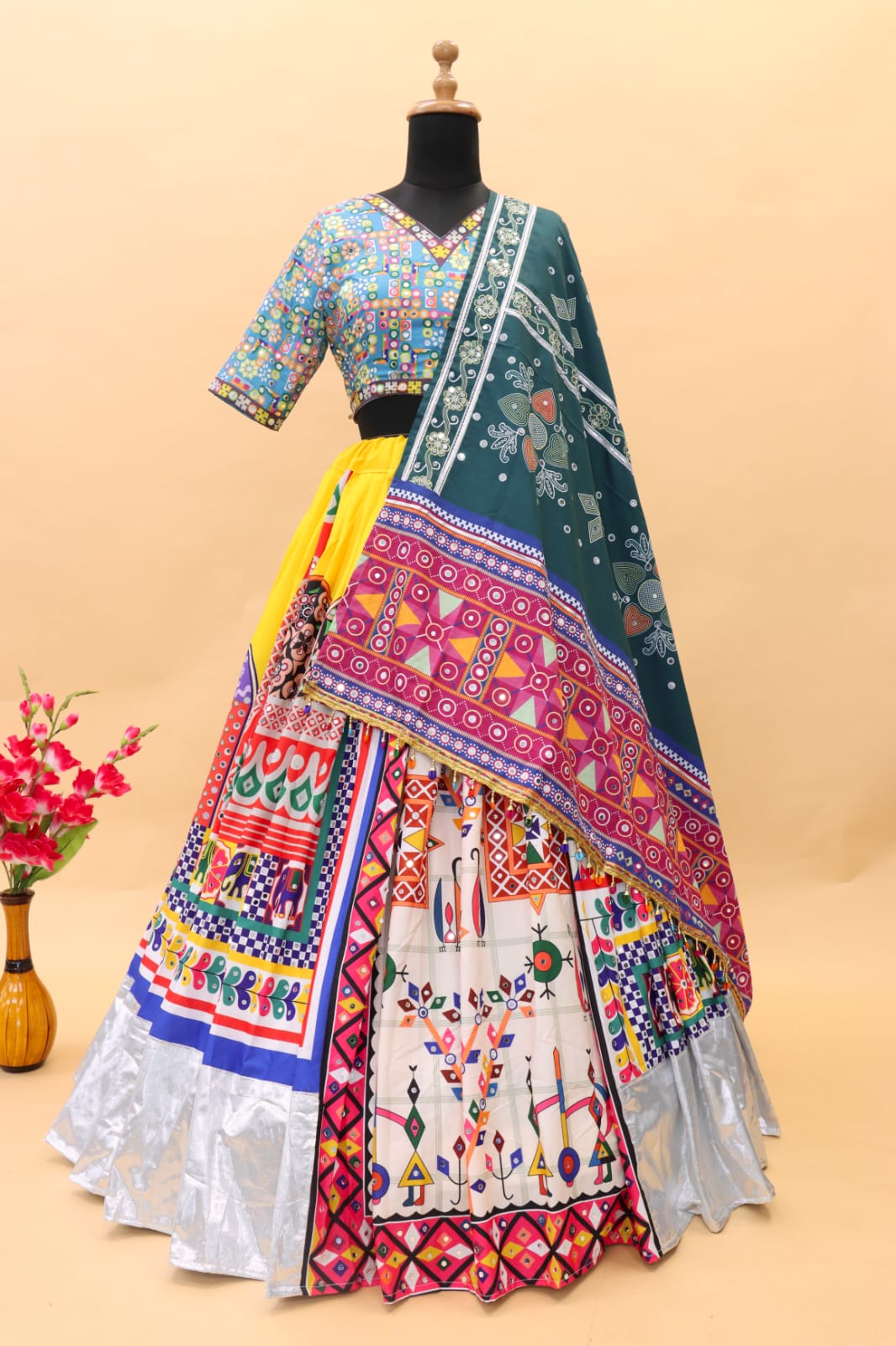 MULTY Lehenga Choli With Mirror Work And Attached Red Dupatta