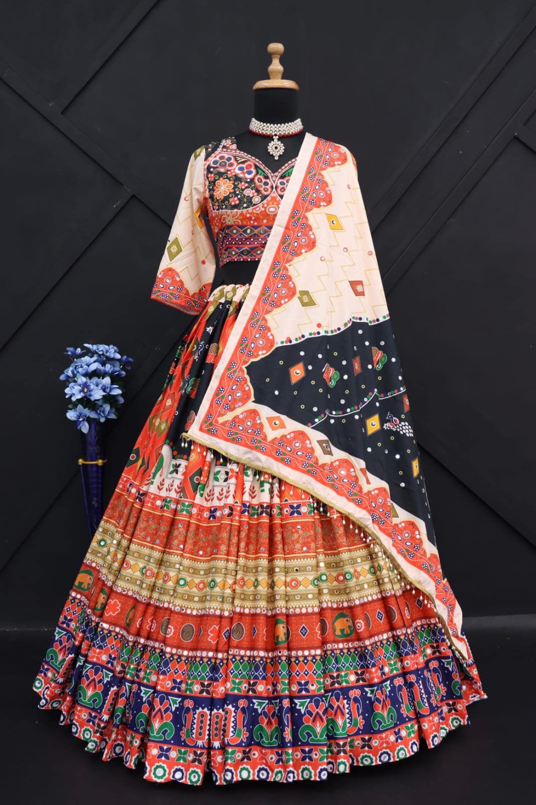 Multy Lehenga Choli With Mirror Work And Attached Pink Dupatta