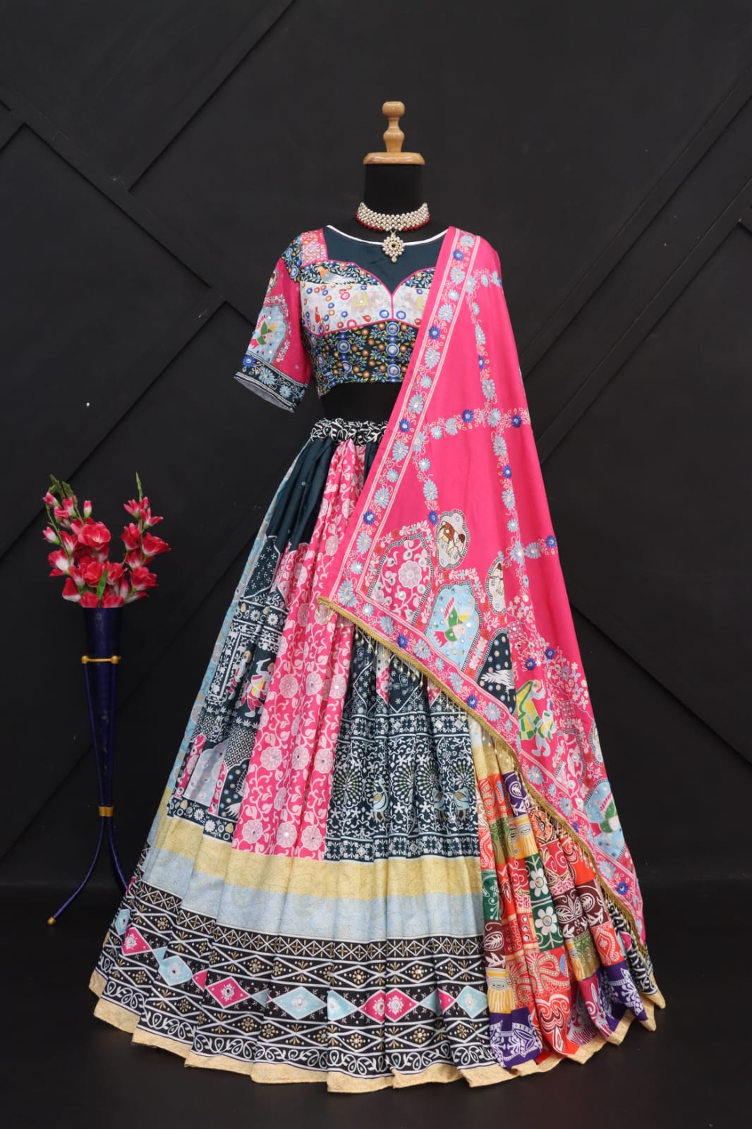 BLUE PINK Lehenga Choli With Mirror Work And Attached Blue Dupatta