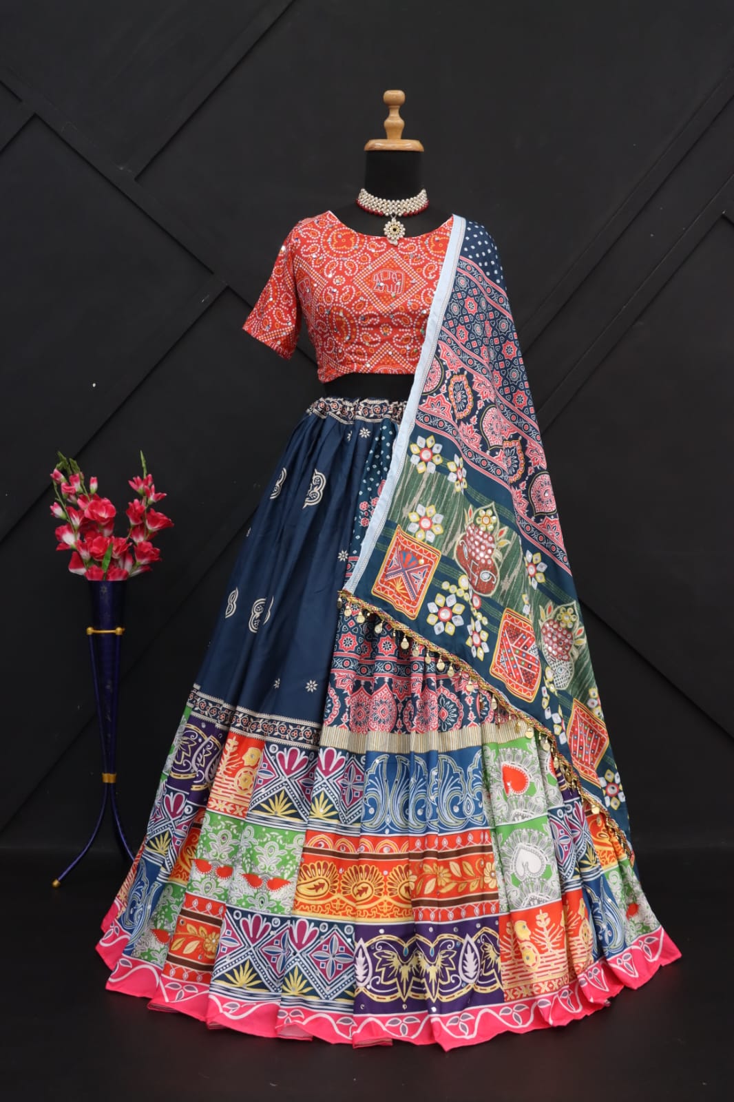 BLUE ORANGE  Lehenga Choli With Mirror Work And Attached Blue Dupatta