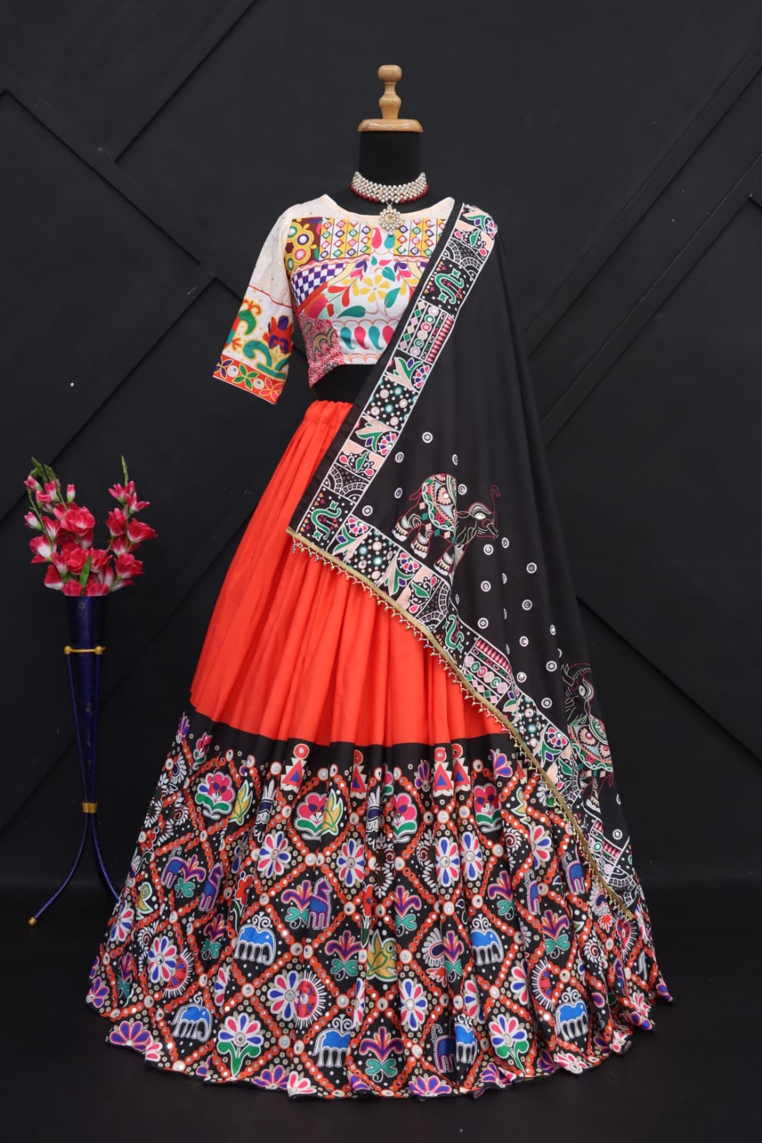 ORANGE BLACK Lehenga Choli With Mirror Work And Attached Blue Dupatta