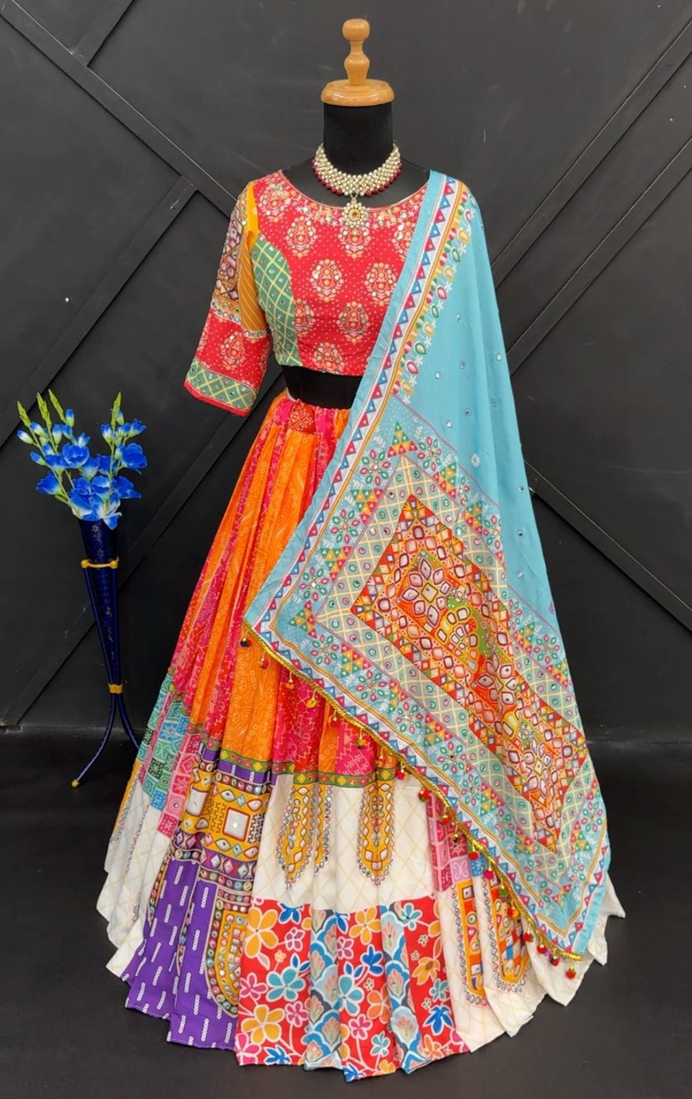 BLUE PINK Lehenga Choli With Mirror Work And Attached Blue Dupatta