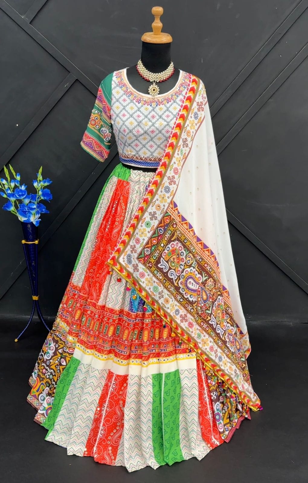RED WHITE Lehenga Choli With Mirror Work And Attached Blue Dupatta