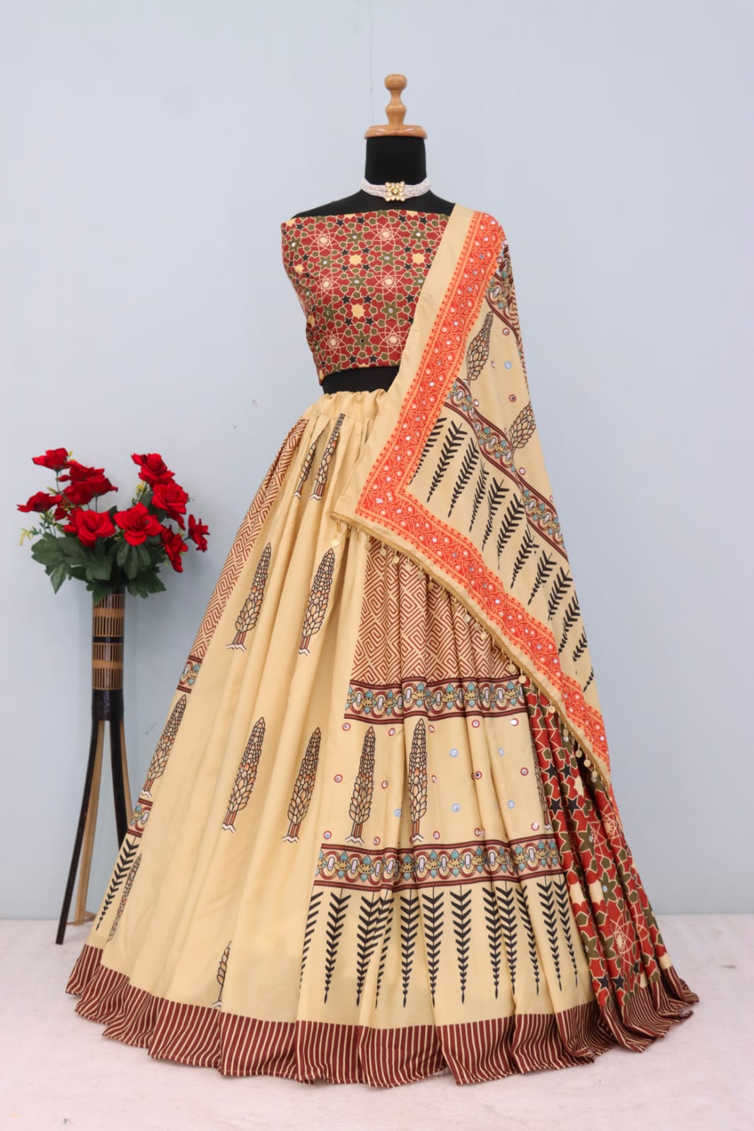 Multy Lehenga Choli With Mirror Work And Attached Pink Dupatta