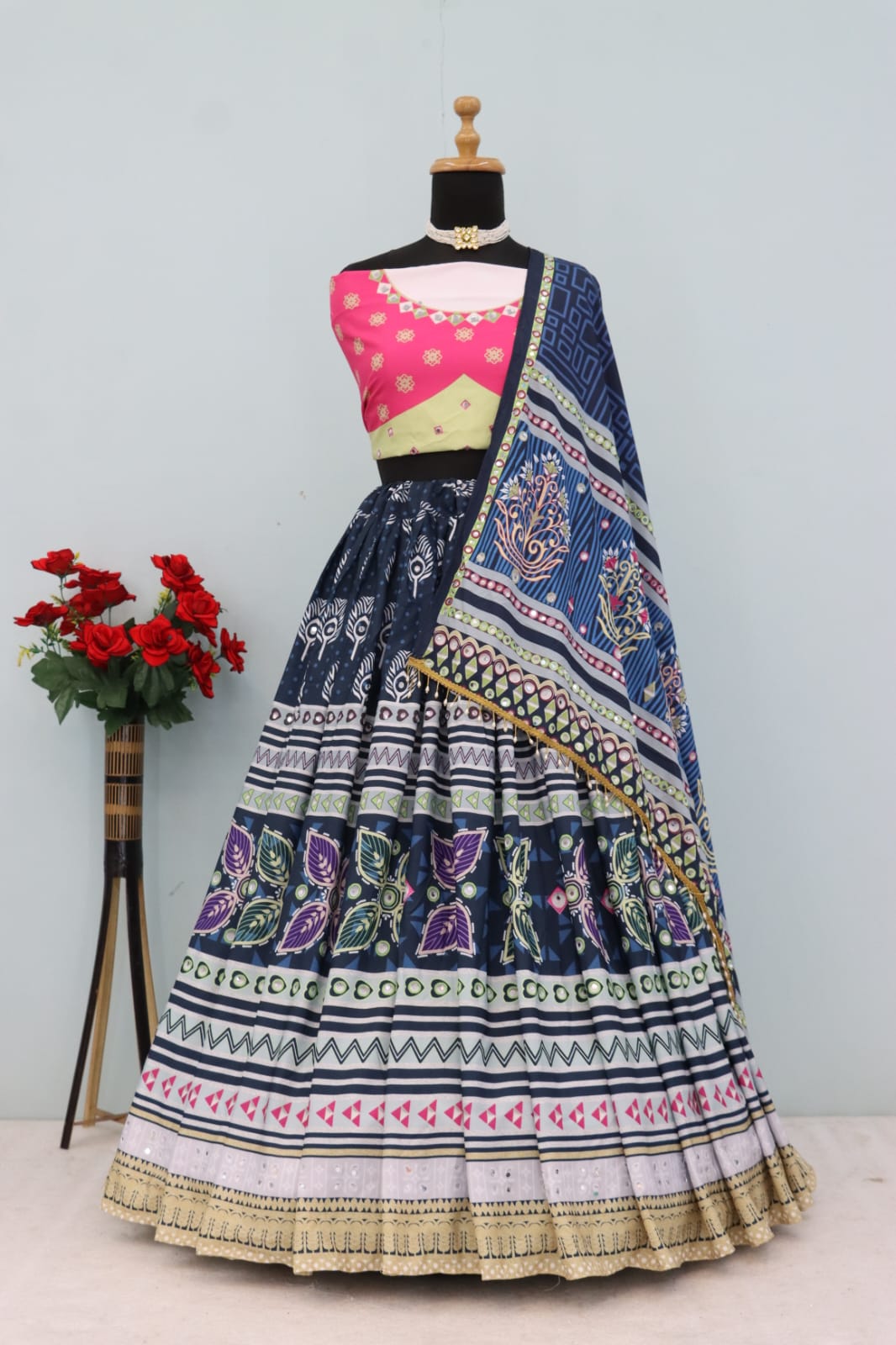 BLUE PINK Lehenga Choli With Mirror Work And Attached Blue Dupatta