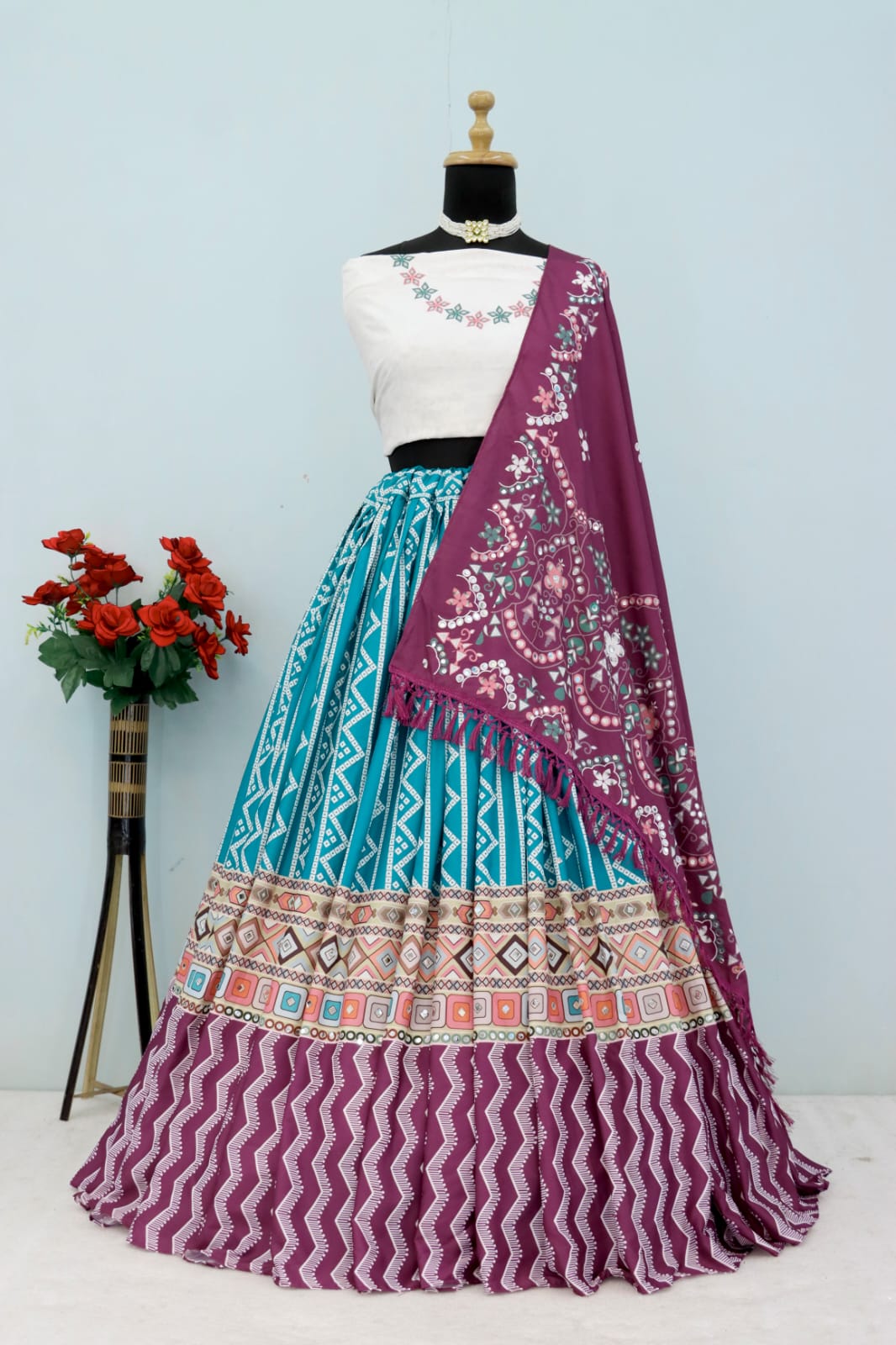 wine and green Lehenga Choli With Mirror Work And Attached wine Dupatta