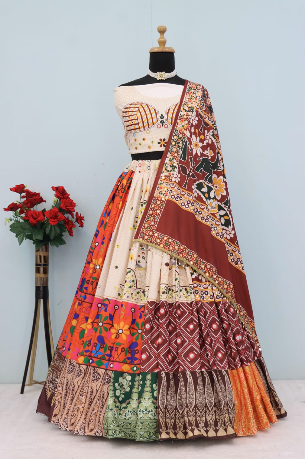 ORANGE Lehenga Choli With Mirror Work And Attached Blue Dupatta