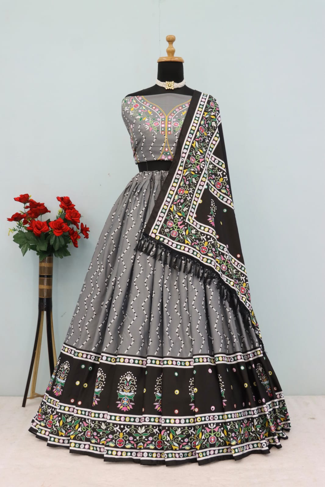 GREY ND BLACK Lehenga Choli With Mirror Work And Attached GREY Dupatta