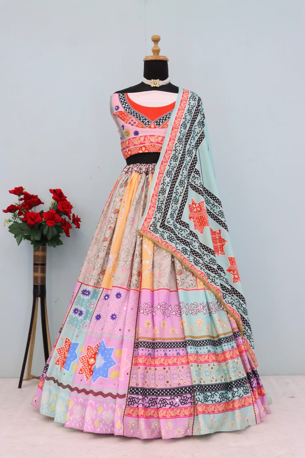 CREAM  Lehenga Choli With Mirror Work And Attached Blue Dupatta