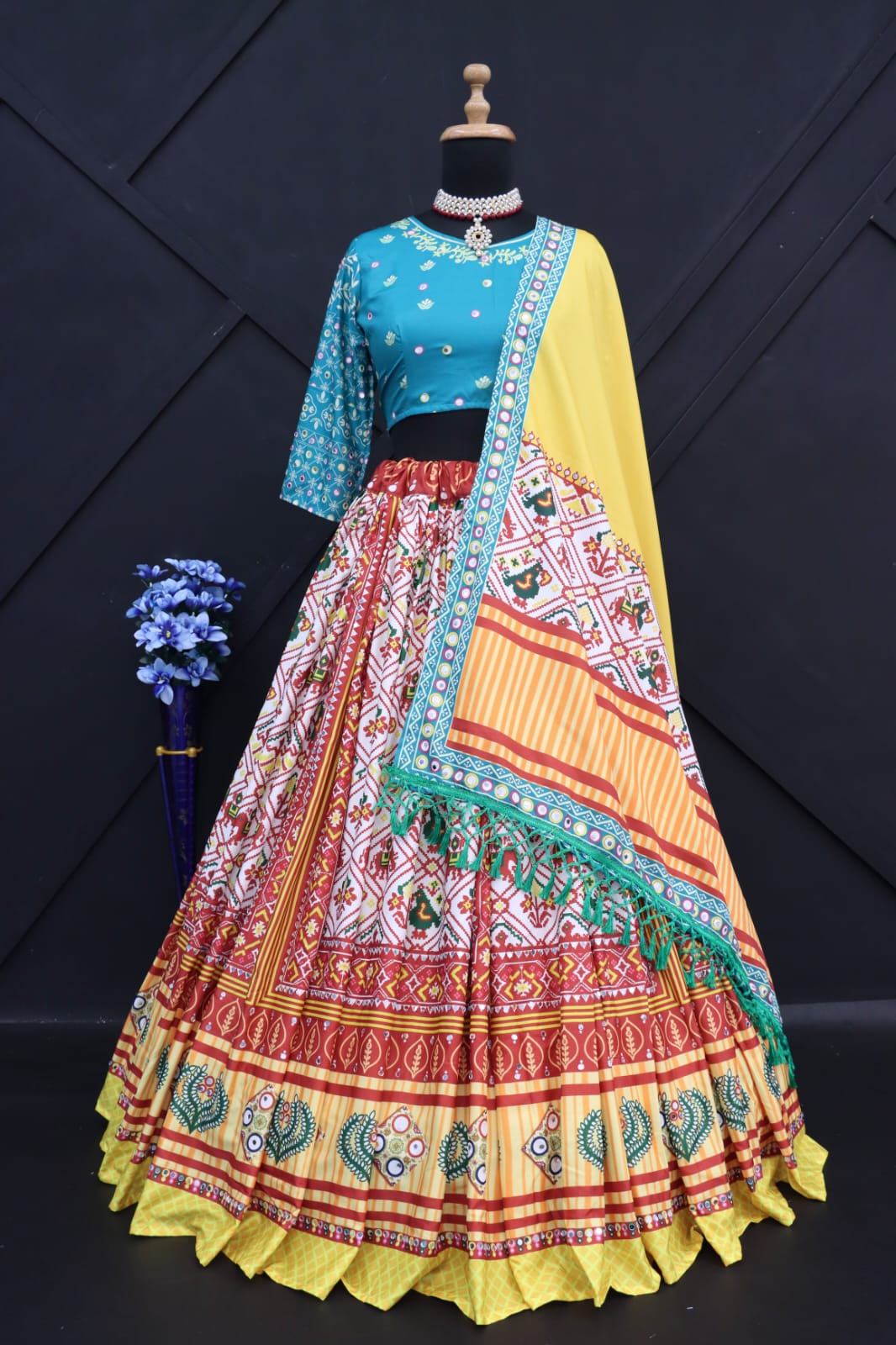 Red Green Lehenga Choli With Mirror Work And Attached Yellow Dupatta