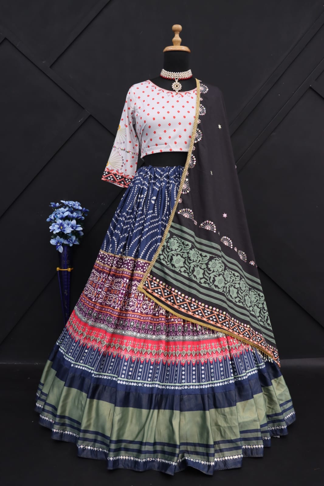 Black White Lehenga Choli With Mirror Work And Attached Black Dupatta