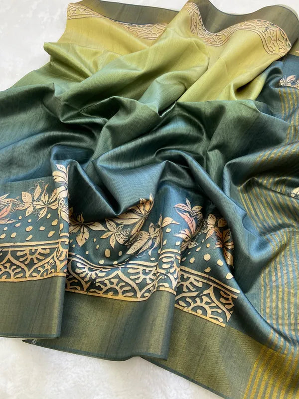 SOFT TUSSAR SILK SAREE WITH BEAUTIFUL PRINT WITH ATTRACTIVE PALLU AND CONTRAST PALLU  WITH TASSAL