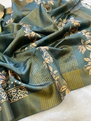 SOFT TUSSAR SILK SAREE WITH BEAUTIFUL PRINT WITH ATTRACTIVE PALLU AND CONTRAST PALLU  WITH TASSAL