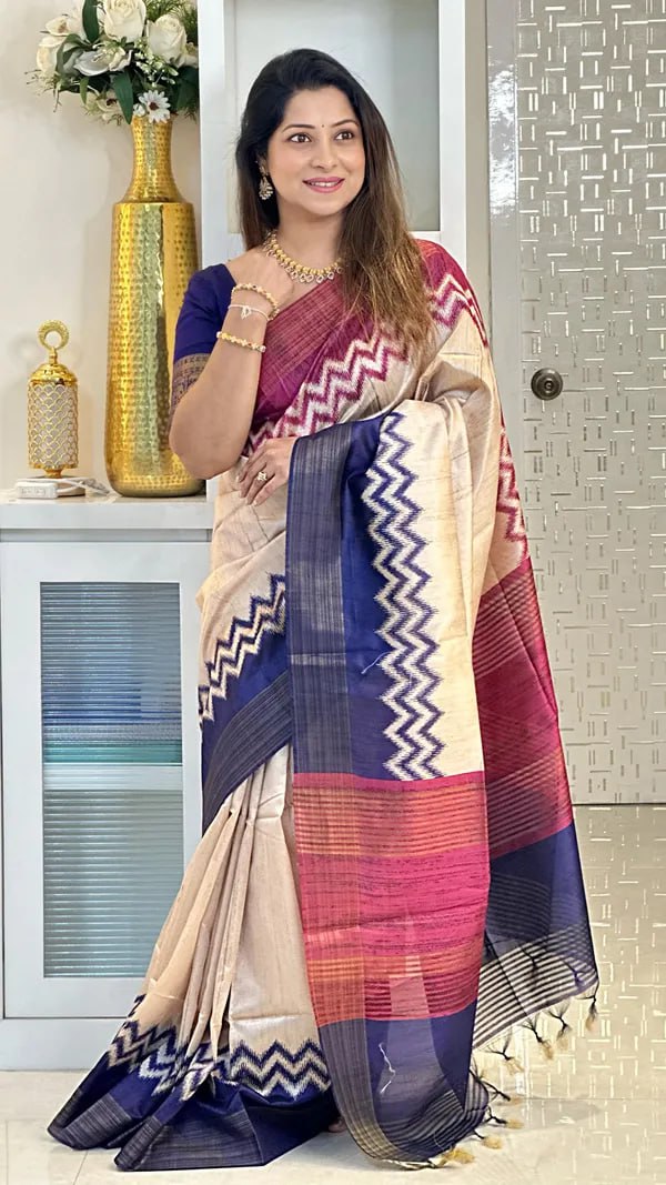 SOFT TUSSAR SILK SAREE WITH BEAUTIFUL PRINT WITH ATTRACTIVE PALLU AND CONTRAST PALLU  WITH TASSAL