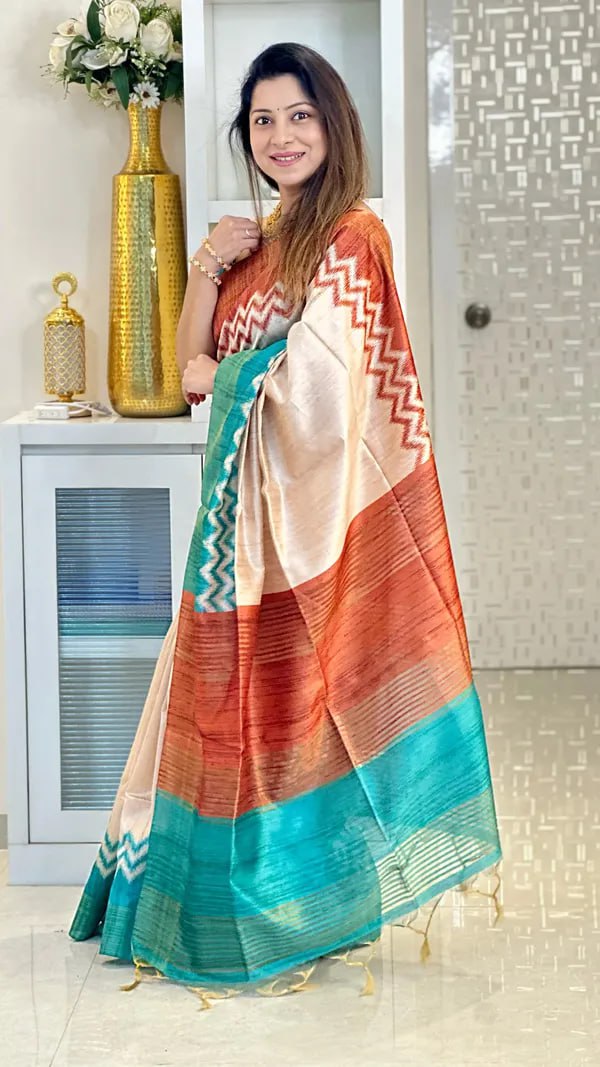 SOFT TUSSAR SILK SAREE WITH BEAUTIFUL PRINT WITH ATTRACTIVE PALLU AND CONTRAST PALLU  WITH TASSAL