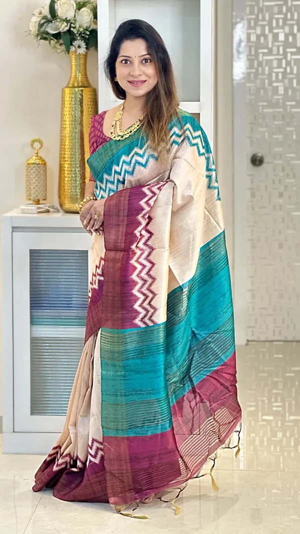 SOFT TUSSAR SILK SAREE WITH BEAUTIFUL PRINT WITH ATTRACTIVE PALLU AND CONTRAST PALLU  WITH TASSAL