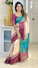 SOFT TUSSAR SILK SAREE WITH BEAUTIFUL PRINT WITH ATTRACTIVE PALLU AND CONTRAST PALLU  WITH TASSAL