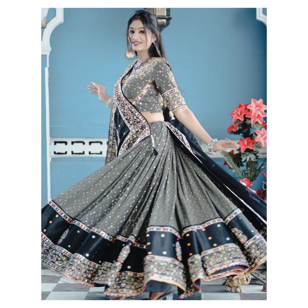 GREY ND BLACK Lehenga Choli With Mirror Work And Attached GREY Dupatta