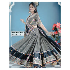 GREY ND BLACK Lehenga Choli With Mirror Work And Attached GREY Dupatta