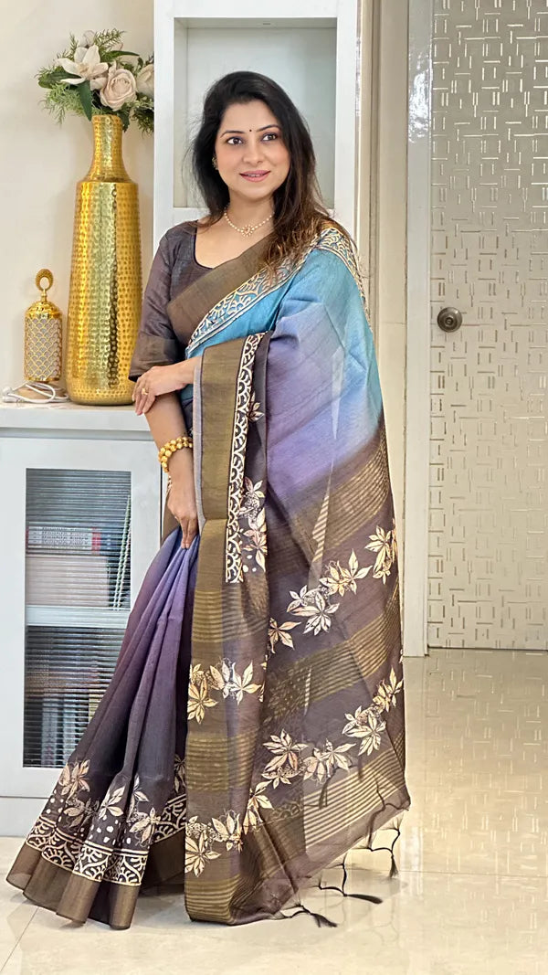 SOFT TUSSAR SILK SAREE WITH BEAUTIFUL PRINT WITH ATTRACTIVE PALLU AND CONTRAST PALLU  WITH TASSAL