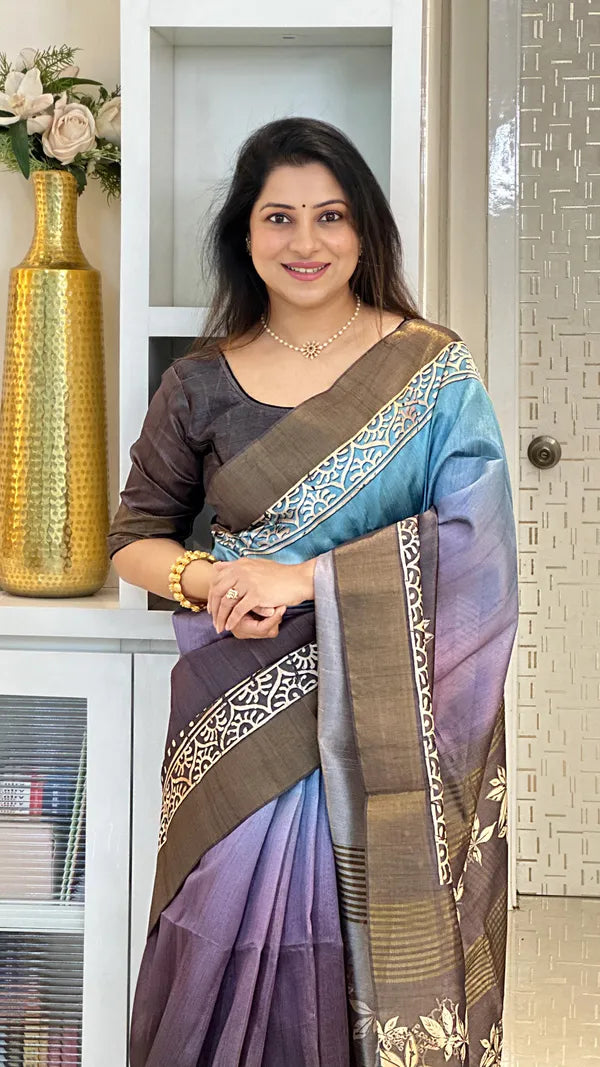 SOFT TUSSAR SILK SAREE WITH BEAUTIFUL PRINT WITH ATTRACTIVE PALLU AND CONTRAST PALLU  WITH TASSAL