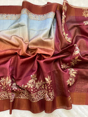 SOFT TUSSAR SILK SAREE WITH BEAUTIFUL PRINT WITH ATTRACTIVE PALLU AND CONTRAST PALLU  WITH TASSAL