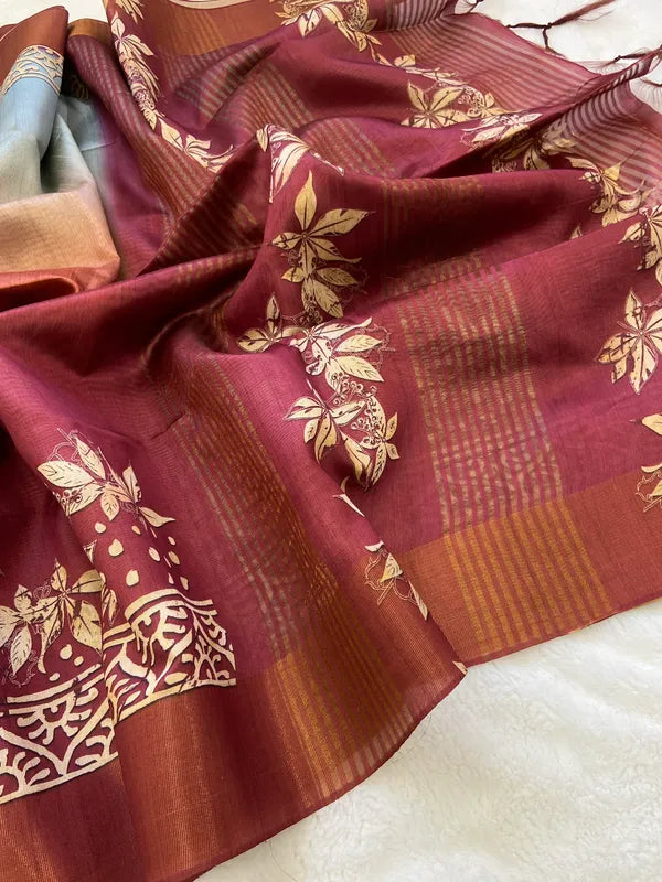 SOFT TUSSAR SILK SAREE WITH BEAUTIFUL PRINT WITH ATTRACTIVE PALLU AND CONTRAST PALLU  WITH TASSAL