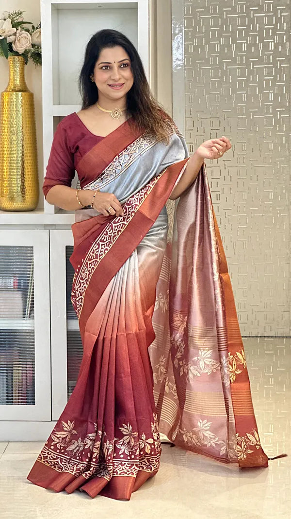 SOFT TUSSAR SILK SAREE WITH BEAUTIFUL PRINT WITH ATTRACTIVE PALLU AND CONTRAST PALLU  WITH TASSAL