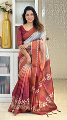 SOFT TUSSAR SILK SAREE WITH BEAUTIFUL PRINT WITH ATTRACTIVE PALLU AND CONTRAST PALLU  WITH TASSAL