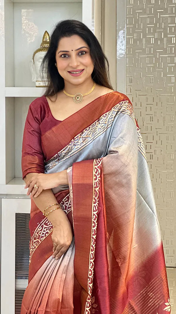 SOFT TUSSAR SILK SAREE WITH BEAUTIFUL PRINT WITH ATTRACTIVE PALLU AND CONTRAST PALLU  WITH TASSAL