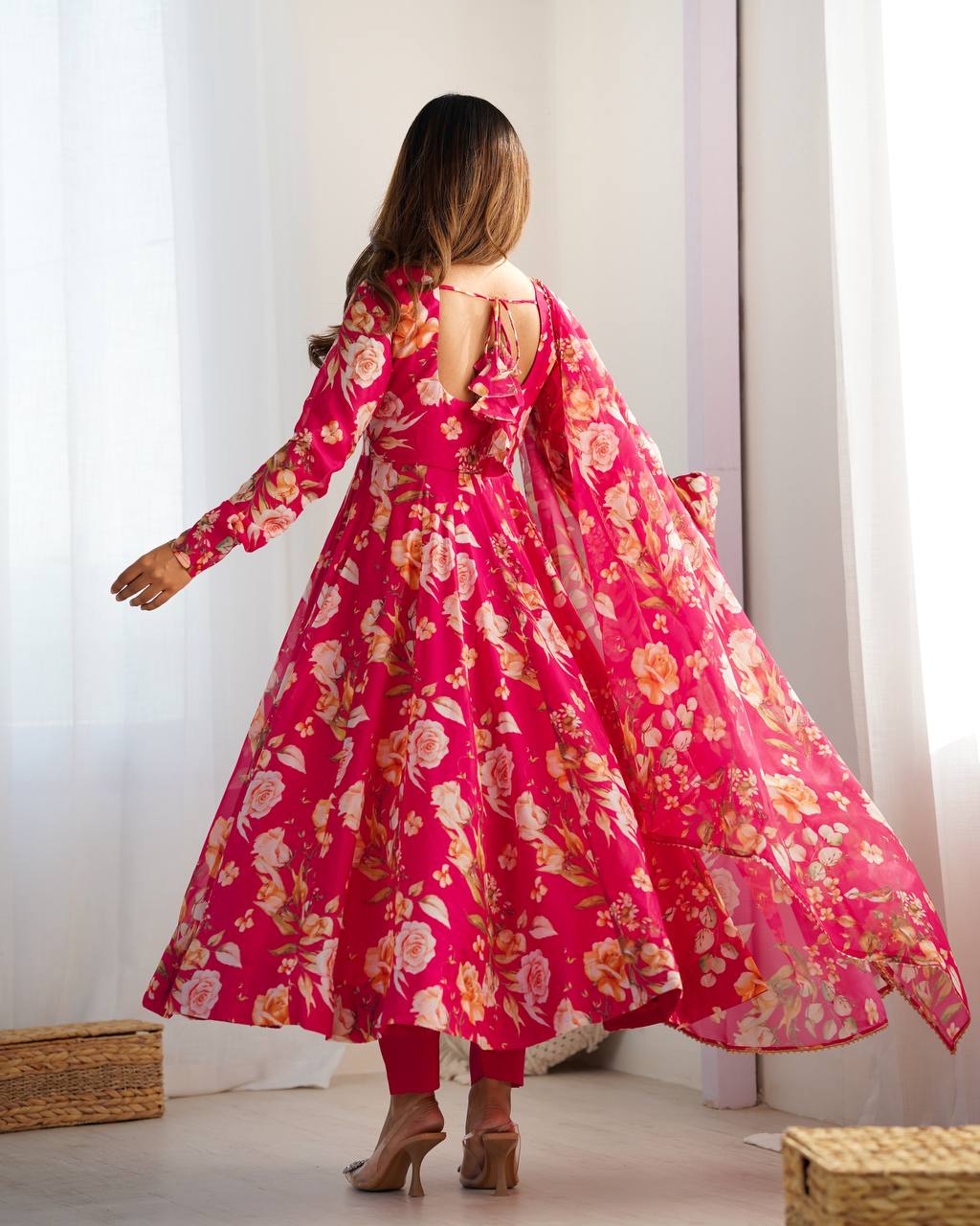 ZIBLON Women's Organza Anarkali Gown Set with Duptta