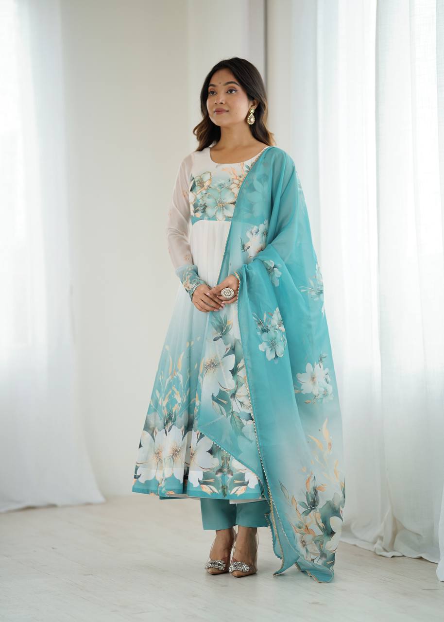PURE SOFT ORGANJA SILK FABRIC FULLY FLAIR KALI PATTERN AND CANVAS PATTA WITH DUPPTA SET ,PENT READY TO WEAR