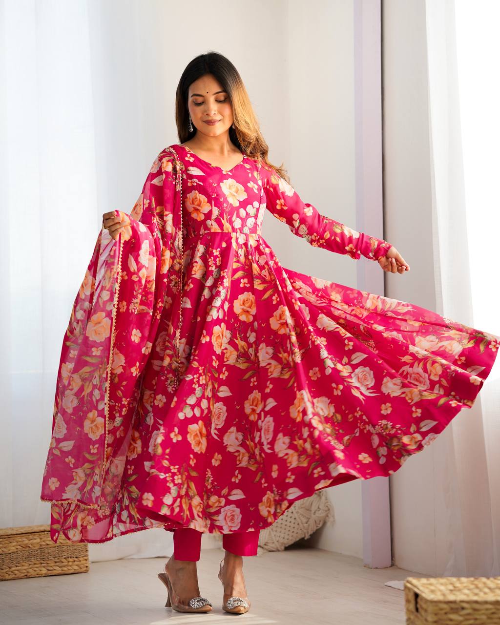 ZIBLON Women's Organza Anarkali Gown Set with Duptta
