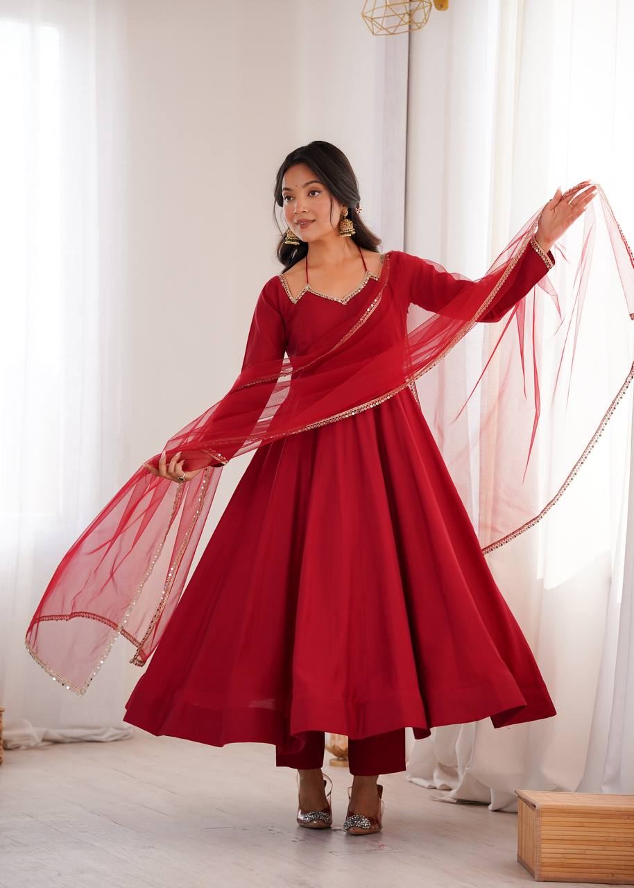 PREMIUM QUALITY HEAVY PURE ROMANSILK CHANDERI FABRIC ANARKALI GOWN
