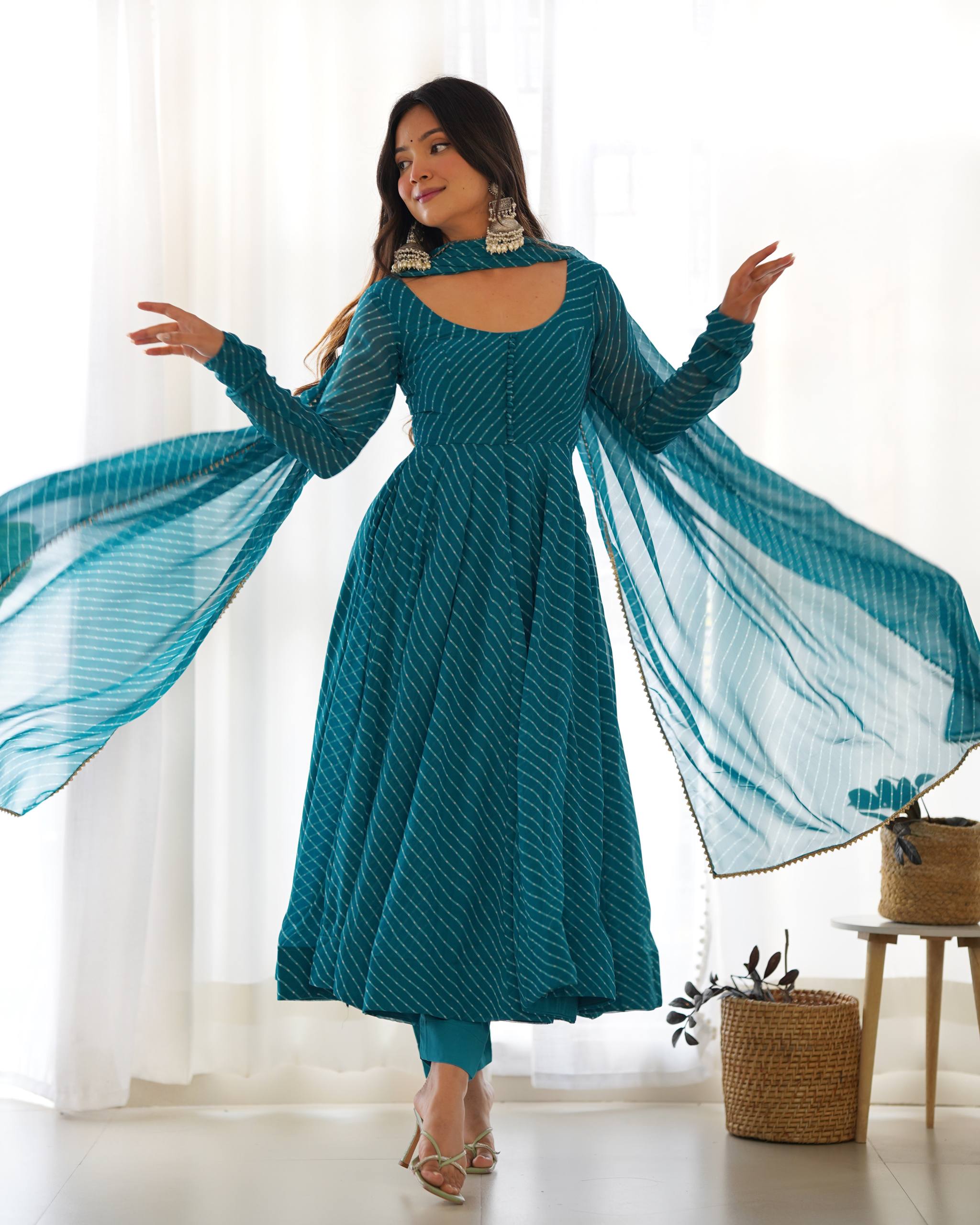 PURE FOX GEORGETTE LAHERIYA PRINT FABRIC FULLY FLAIR ANARKALI,WITH DUPPTA SET,PENT READY TO WEAR