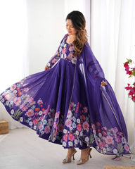PURE SOFT ORGANJA SILK FABRIC FULLY FLAIR KALI PATTERN AND CANVAS PATTA WITH DUPPTA SET ,PENT READY TO WEAR