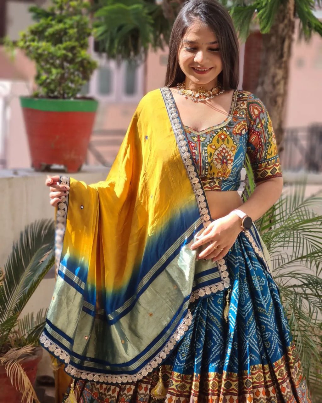Blue Sky Lehenga Choli With Mirror Work And Attached Yellow Dupatta