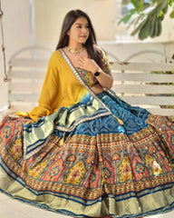 Blue Sky Lehenga Choli With Mirror Work And Attached Yellow Dupatta