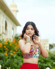 ORANGE BLACK Lehenga Choli With Mirror Work And Attached Blue Dupatta