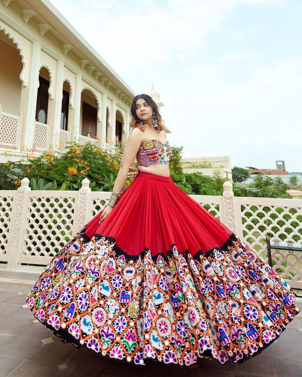 ORANGE BLACK Lehenga Choli With Mirror Work And Attached Blue Dupatta