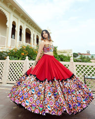 ORANGE BLACK Lehenga Choli With Mirror Work And Attached Blue Dupatta