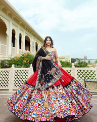 ORANGE BLACK Lehenga Choli With Mirror Work And Attached Blue Dupatta