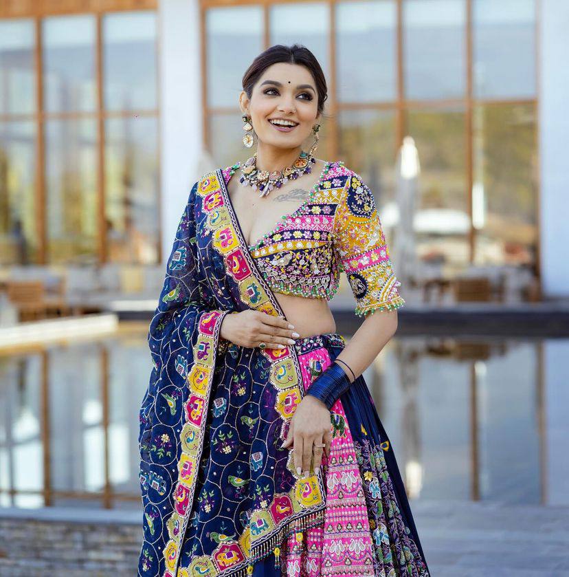 BLUE PINK Lehenga Choli With Mirror Work And Attached Blue Dupatta