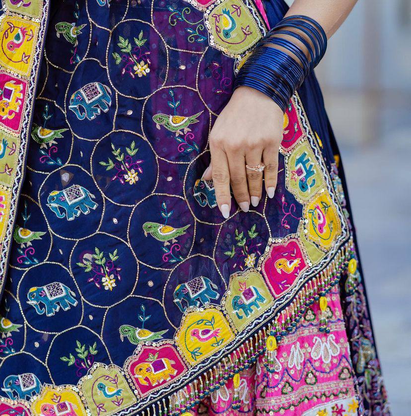 BLUE PINK Lehenga Choli With Mirror Work And Attached Blue Dupatta
