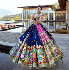 BLUE PINK Lehenga Choli With Mirror Work And Attached Blue Dupatta