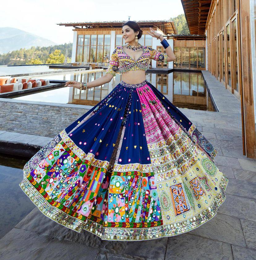 BLUE PINK Lehenga Choli With Mirror Work And Attached Blue Dupatta