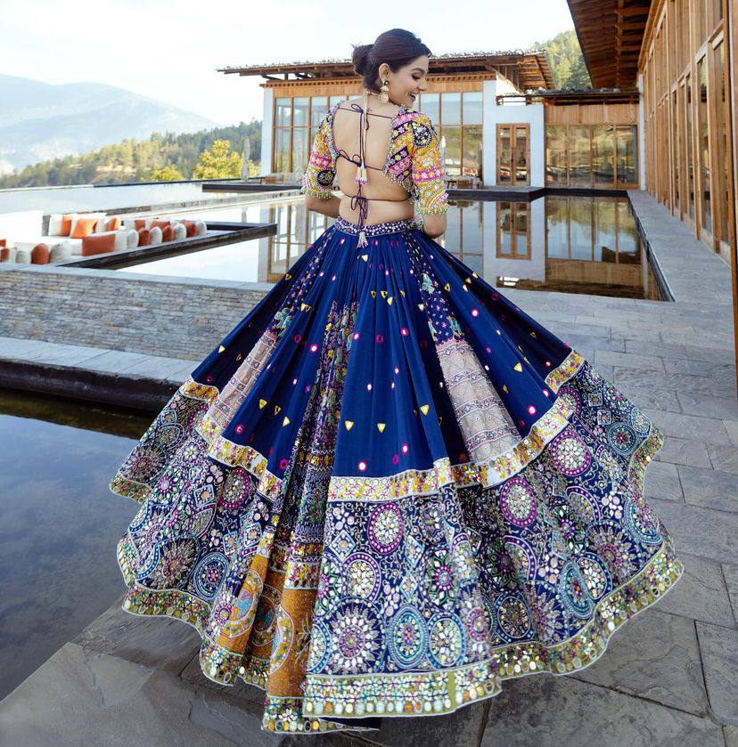 BLUE PINK Lehenga Choli With Mirror Work And Attached Blue Dupatta
