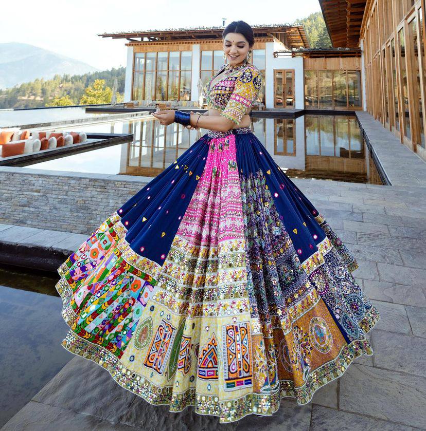 BLUE PINK Lehenga Choli With Mirror Work And Attached Blue Dupatta